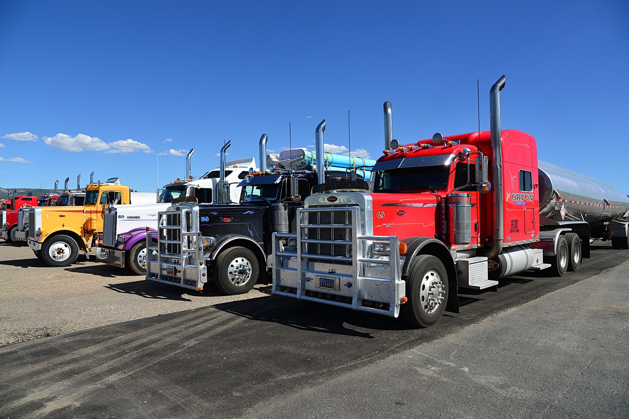 truck, semi-trailer, usa, towing vehicle, nature, red, yellow, violet, summer, sunny, traffic, carriage of goods, tank truck, transport, parking spot, truck, truck, truck, truck, truck
